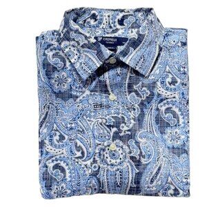 CREMIEUXCLASSICS Mens Short Sleeve Shirt Cotton Paisley Powder Blue Button Up Co